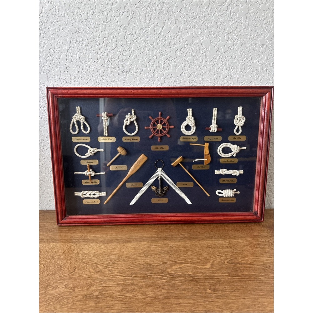 Vintage Nautical Knots Shadow Box Ships Wheel Anchor Wood Frame 18.5"x11.5"